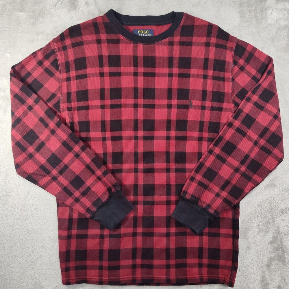 Polo Ralph Lauren Shirt Mens Medium Red Plaid Thermal Long Sleeve Knit Logo - Picture 1 of 9